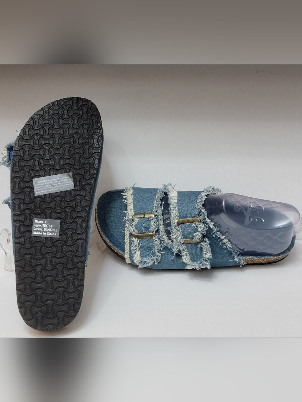 Olivia Miller Nadia Denim Frayed Double-Buckle Slide Sandals - Sz 9 NWOB